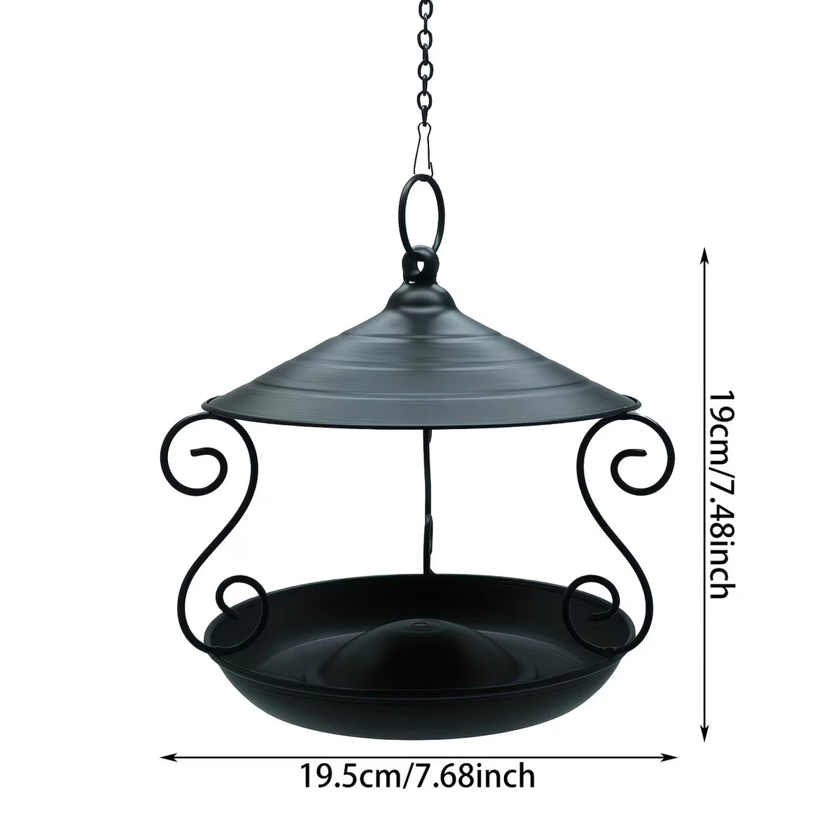 Black Iron Hanging Bird Feeder | Scrollwork Roofed Tray | 19.5cm Garden Decor