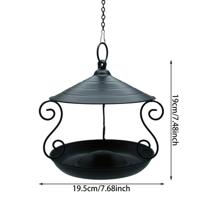 Black Iron Hanging Bird Feeder | Scrollwork Roofed Tray | 19.5cm Garden Decor