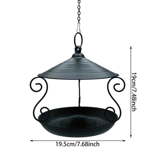 Black Iron Hanging Bird Feeder | Scrollwork Roofed Tray | 19.5cm Garden Decor