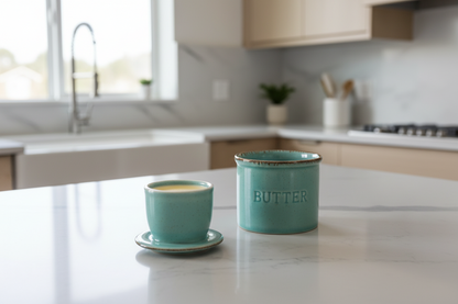 Butter Crock Dish Aqua Green Blue - Ceramic Kiln Turned Butter Dish with Lid