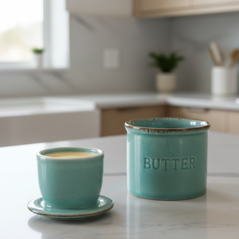 Butter Crock Dish Aqua Green Blue - Ceramic Kiln Turned Butter Dish with Lid