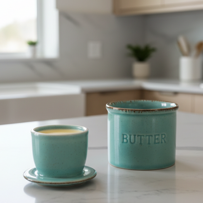 Butter Crock Dish Aqua Green Blue - Ceramic Kiln Turned Butter Dish with Lid