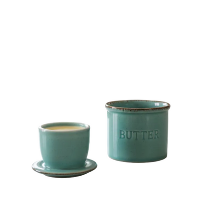Butter Crock Dish Aqua Green Blue - Ceramic Kiln Turned Butter Dish with Lid