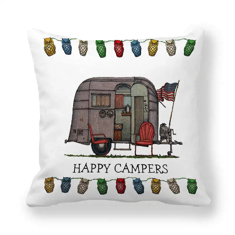 Happy Campers Cushion Cover Camping Caravan Motorhome