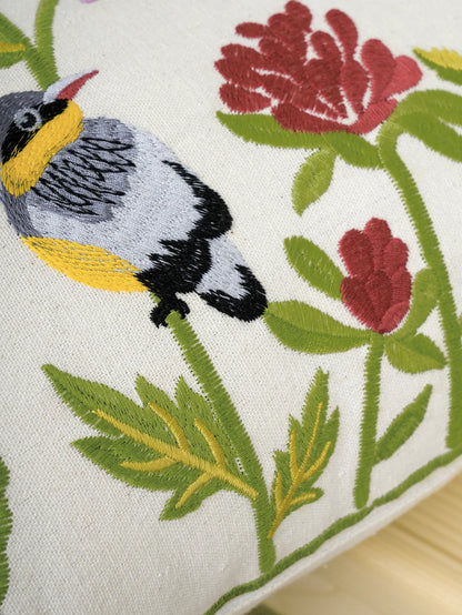 Floral Birds Embroidered Cushion Cover | Botanical Garden Design | Sofa & Bed Decor