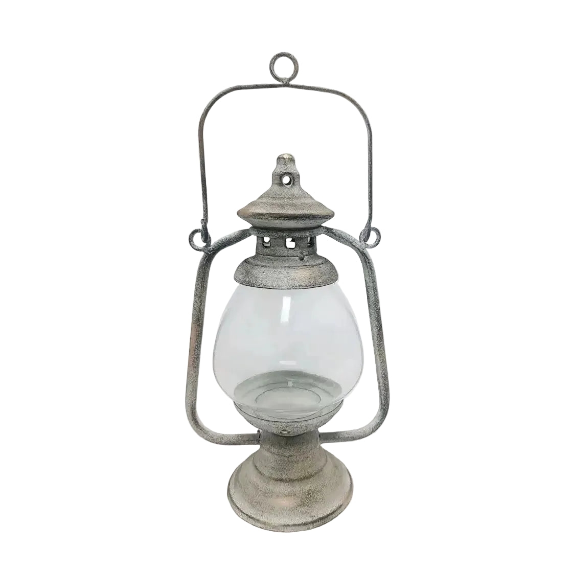 Rustic Iron Hurricane Lantern with Glass Globe | Vintage Whitewashed Candle Holder Lamp | Table & Hanging Home Decor