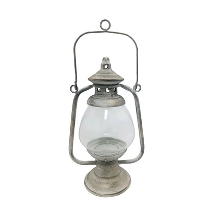 Rustic Iron Hurricane Lantern with Glass Globe | Vintage Whitewashed Candle Holder Lamp | Table & Hanging Home Decor