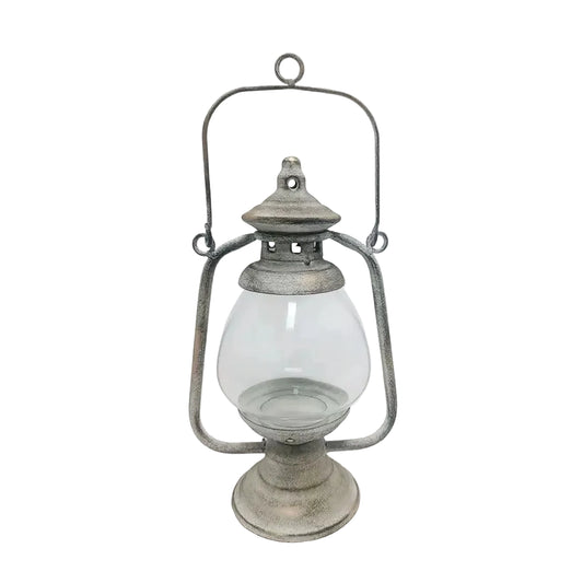 Rustic Iron Hurricane Lantern with Glass Globe | Vintage Whitewashed Candle Holder Lamp | Table & Hanging Home Decor