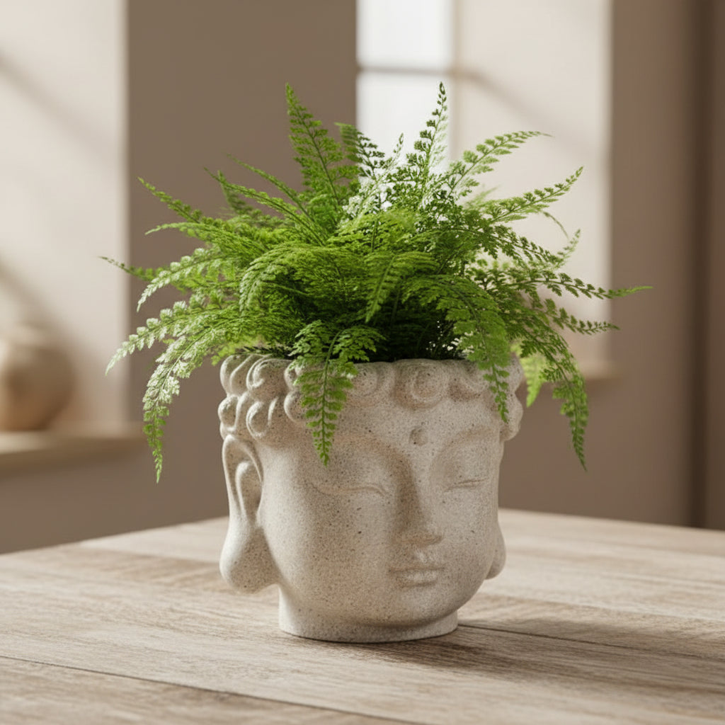 Buddha head planter with succulents on a table, with measurements displayed.