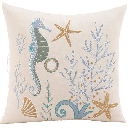 Embroidered Coastal Cushion Cover | Coconut Palm, Seahorse & Ocean Design | 45x45cm