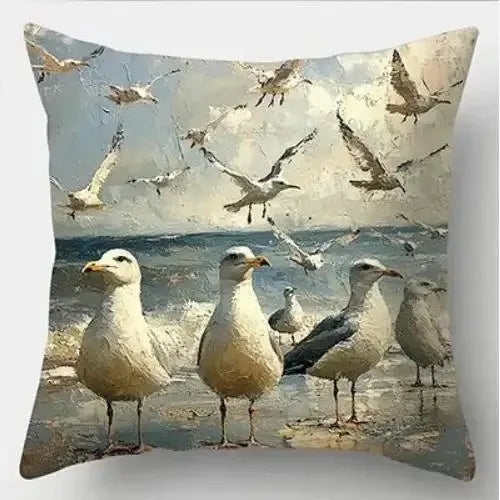 Seagull Beach Coastal Art Cushion Covers | Oil Painting Print Pillow Cases | Hamptons Decor