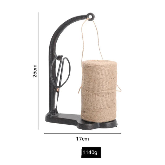 Black thread stand with a spool of beige thread, showing dimensions and weight on a white background.