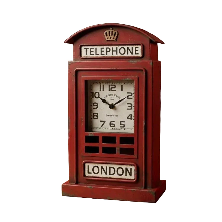 Vintage London Telephone Booth Desk Clock | Red British Phone Box Table Clock | Silent Quartz