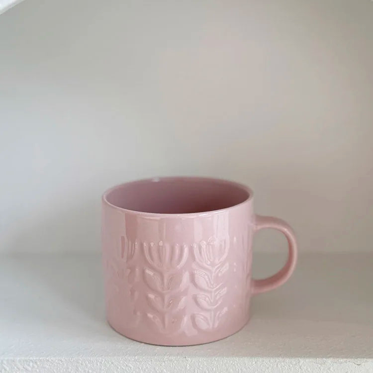 Embossed Floral Ceramic Mug Cup 400ml | Pink Beige or Mustard Yellow Coffee Cup