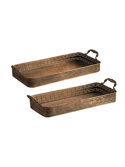 Vintage Floral Decorative Trays Set of 2 | Rustic Lace-Cut Iron & MDF