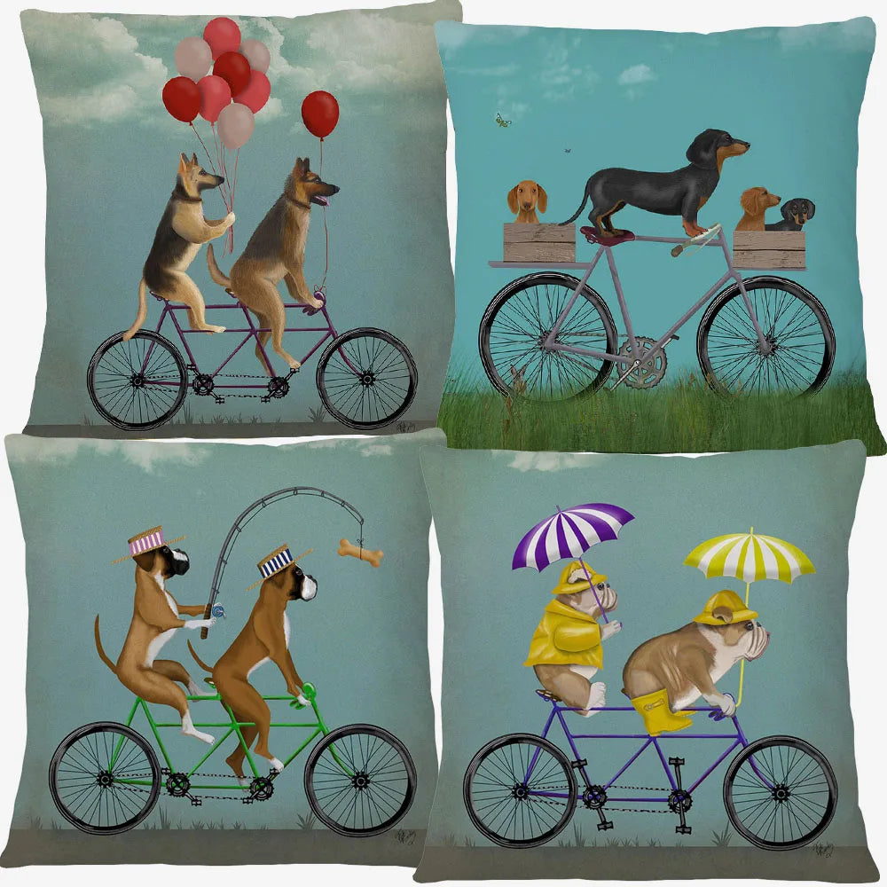 Dogs on Bikes Cushion Covers | Pug Dachshund Bulldog French Bulldog Dalmatian Golden Retriever Labrador Poodle | Retro Vintage Dog Art Pillow