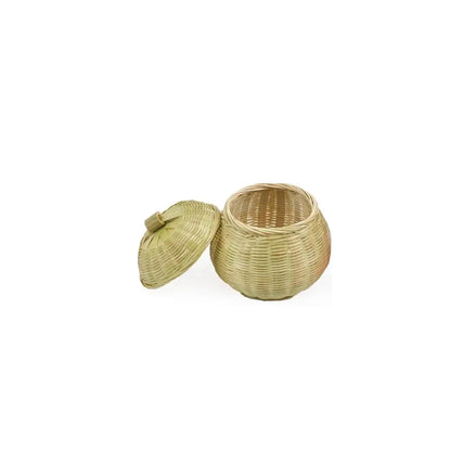 Round Lidded Bamboo Rattan Storage Basket | Hand-Woven Wicker Box with Lid | Fruit, Bread, Picnic | 4 Sizes