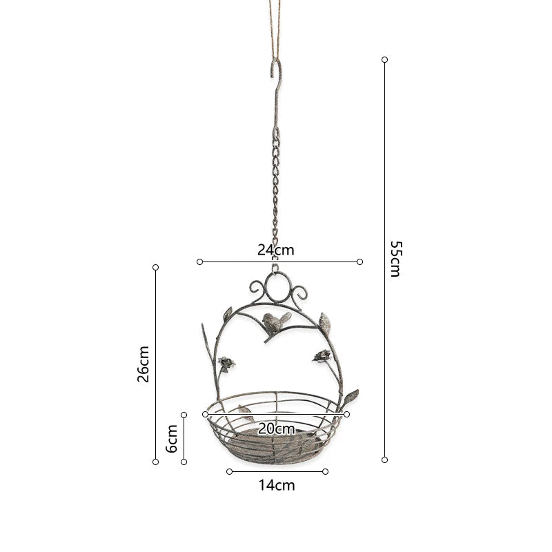 Hanging Wire Basket Planter with Birds & Leaves | Rustic Metal Hanging Flower Basket | Garden Art & Home Decor