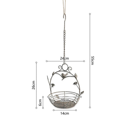 Hanging Wire Basket Planter with Birds & Leaves | Rustic Metal Hanging Flower Basket | Garden Art & Home Decor