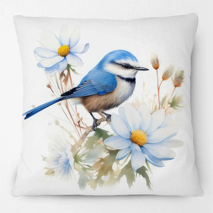 Blue Wren Cushion Cover 45x45cm | Watercolour Bird & Wildflower Pillow Cover | Australian Country Farmhouse Decor