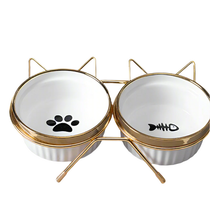 Cat Bowl with Stand Gold White