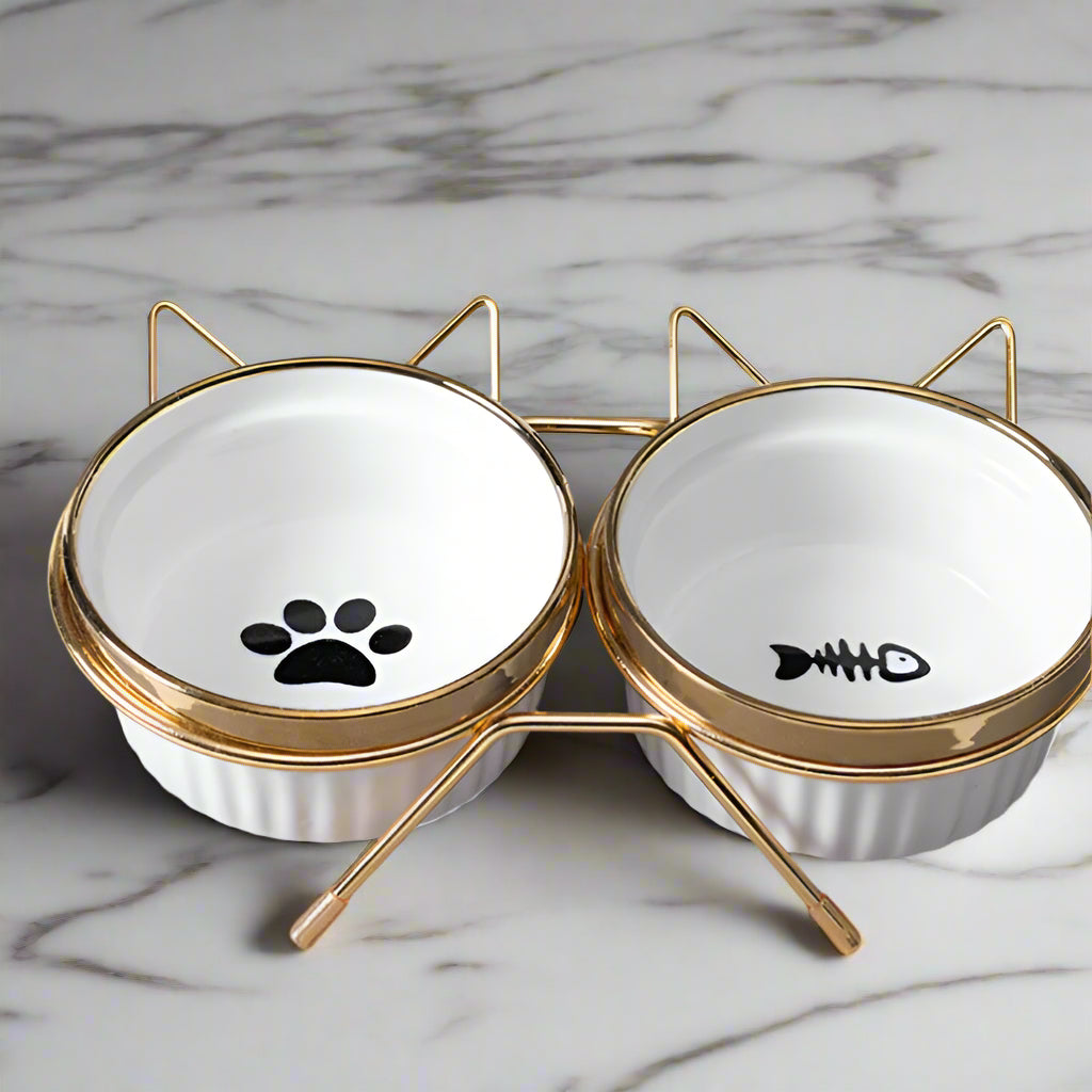 Cat Bowl with Stand Gold White