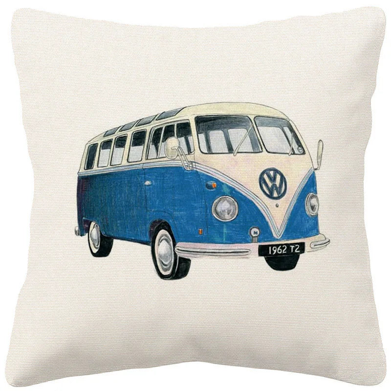 VW Beetle & Kombi Van Cushion Cover | Retro Vintage Car Art | Linen or Plush | 45x45cm