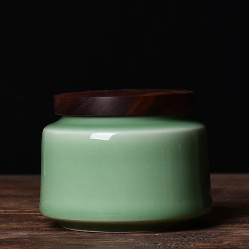 Celadon Ceramic Storage Jar with Wooden Lid — Tea, Jewellery & Trinket Box