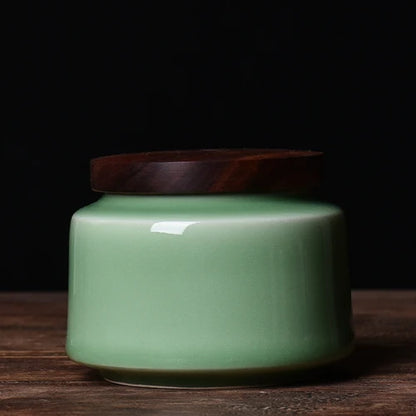 Celadon Ceramic Storage Jar with Wooden Lid — Tea, Jewellery & Trinket Box