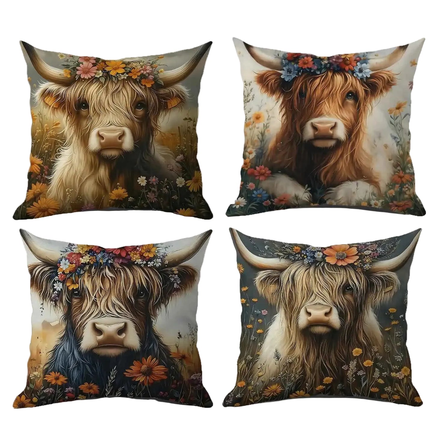 Highland Cow Floral Cushion Cover Set of 4 | Wildflower Crown | Boho Throw Pillow Covers