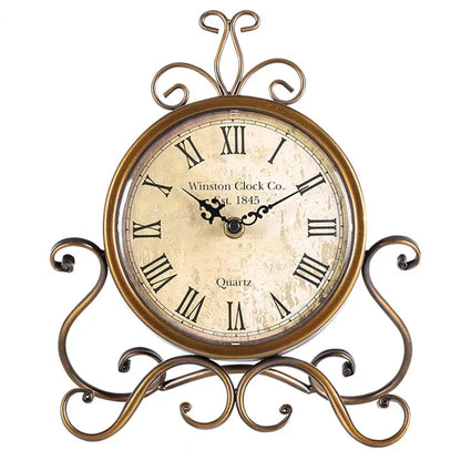 Wrought Iron Desk Clock | Ornate Scrollwork Frame | Silent Quartz | 28cm | Brown or White