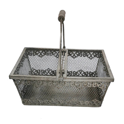 Vintage Metal Wire Storage Basket with Wooden Handle & Lid