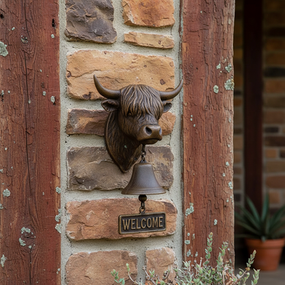 Highland Cow Head Doorbell with Welcome Sign Rustic Resin Hanging