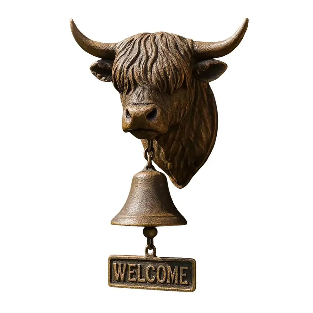 Highland Cow Head Doorbell with Welcome Sign Rustic Resin Hanging