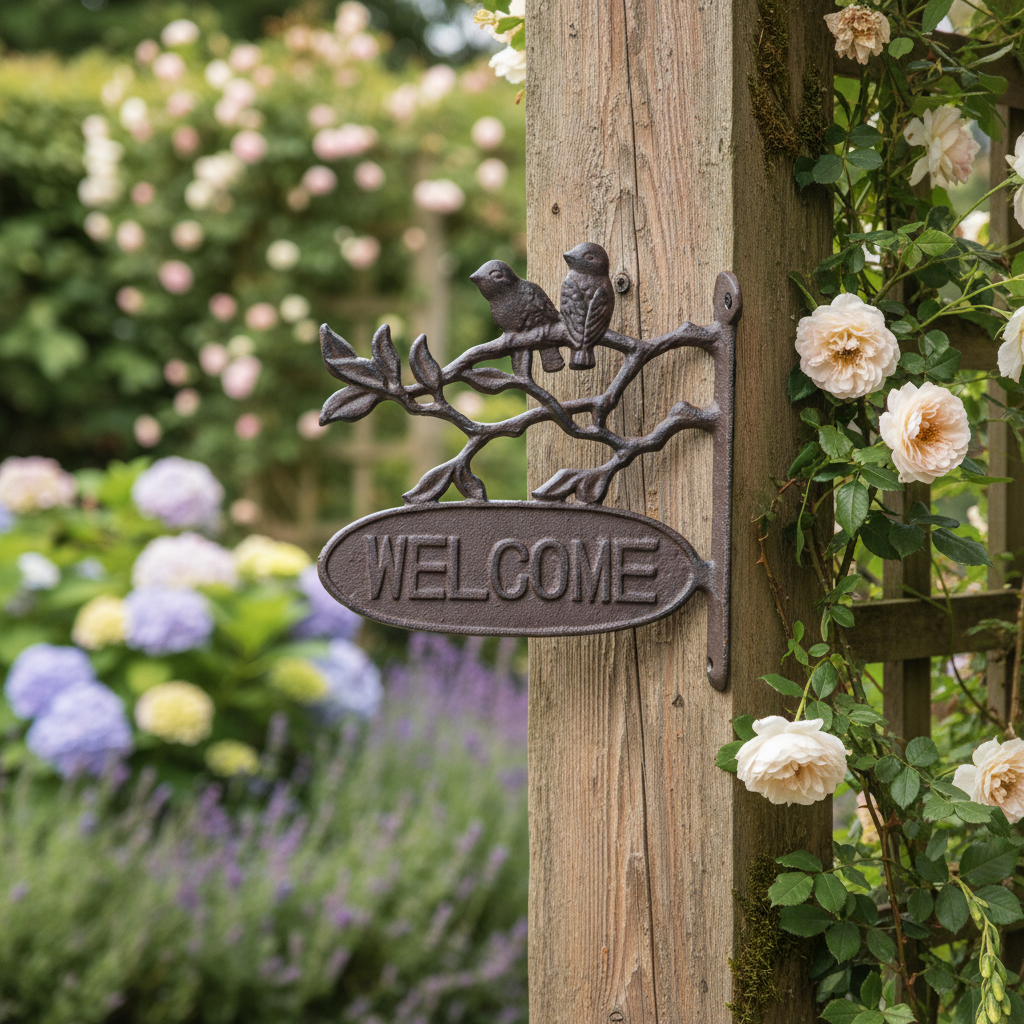 Welcome Little Birds Cast Iron Hanging Sign - Cottage Garden 24.5x24cm