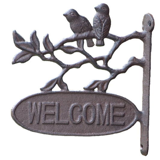 Welcome Little Birds Cast Iron Hanging Sign - Cottage Garden 24.5x24cm