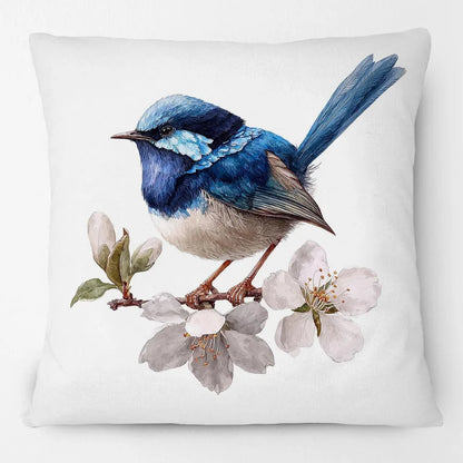 Blue Wren Cushion Cover 45x45cm | Watercolour Bird & Wildflower Pillow Cover | Australian Country Farmhouse Decor