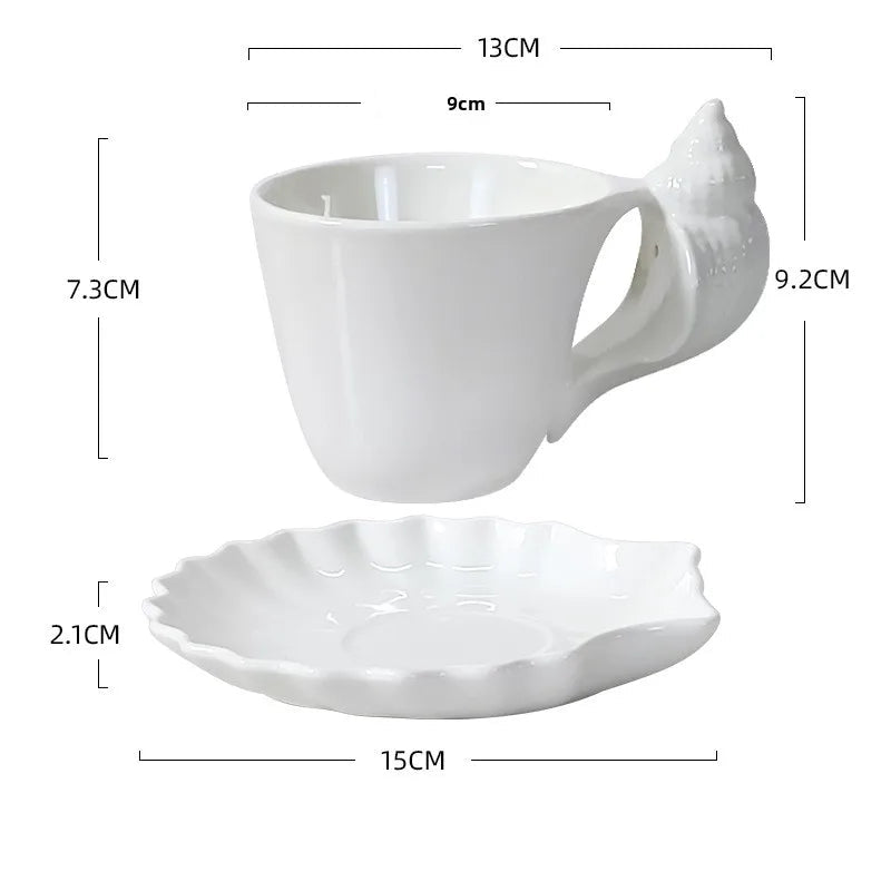 Conch Shell Ceramic Coffee Cup & Saucer | White or Pink Coastal Mug