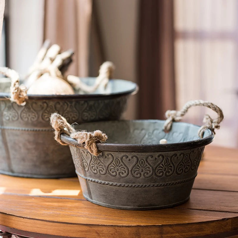Vintage Galvanised Round Herb Planter with Hemp Rope Handles | Farmhouse Basin