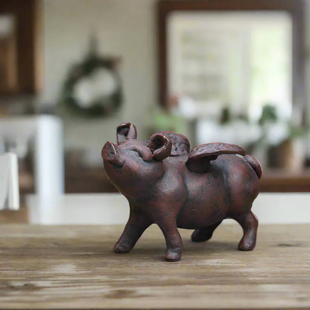 Flying Pig Ornament Vintage Brown Cast Iron