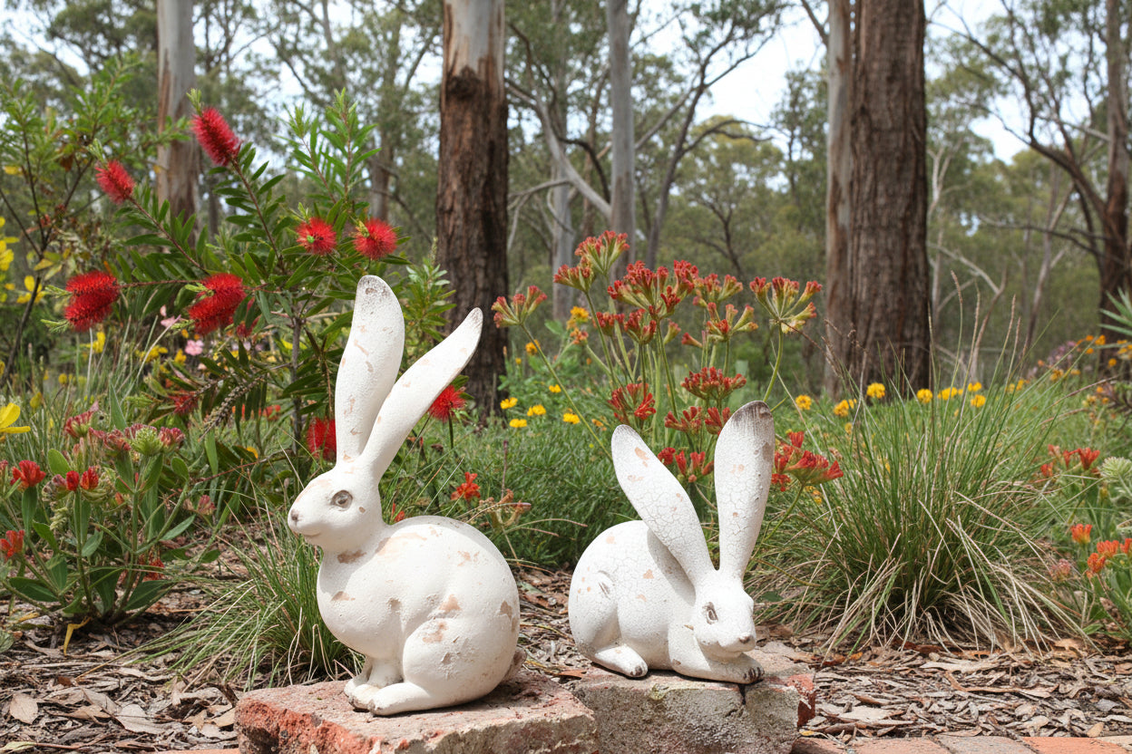 Resin Bunny Rabbit Statues Set - Garden Animal Figurines