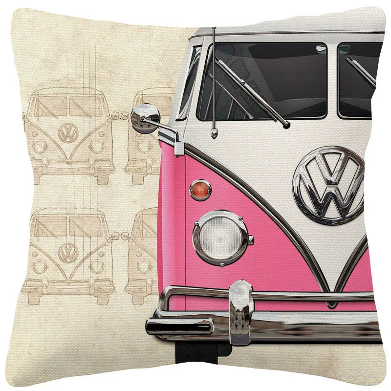VW Beetle & Kombi Van Cushion Cover | Retro Vintage Car Art | Linen or Plush | 45x45cm