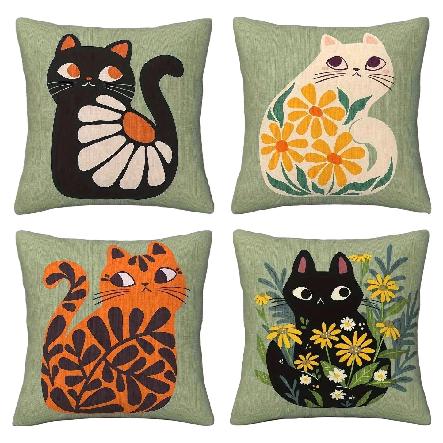Cute Cat Floral Cushion Cover | Illustrated Cat Print | 4 Designs, 4 Sizes