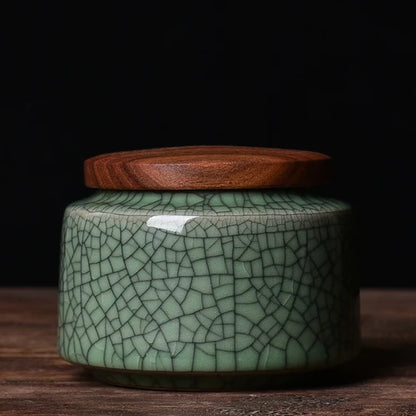 Celadon Ceramic Storage Jar with Wooden Lid — Tea, Jewellery & Trinket Box