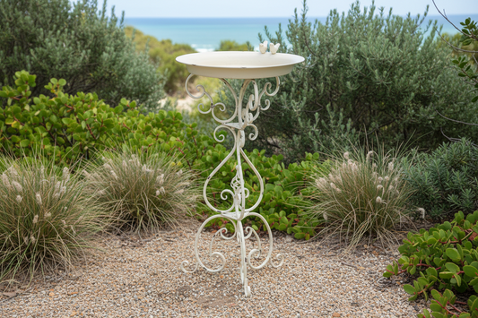 Vintage Iron Bird Feeder Tall Round Basin 73cm - Rustic White Wash Garden Decor