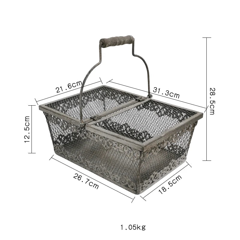 Vintage Metal Wire Storage Basket with Wooden Handle & Lid