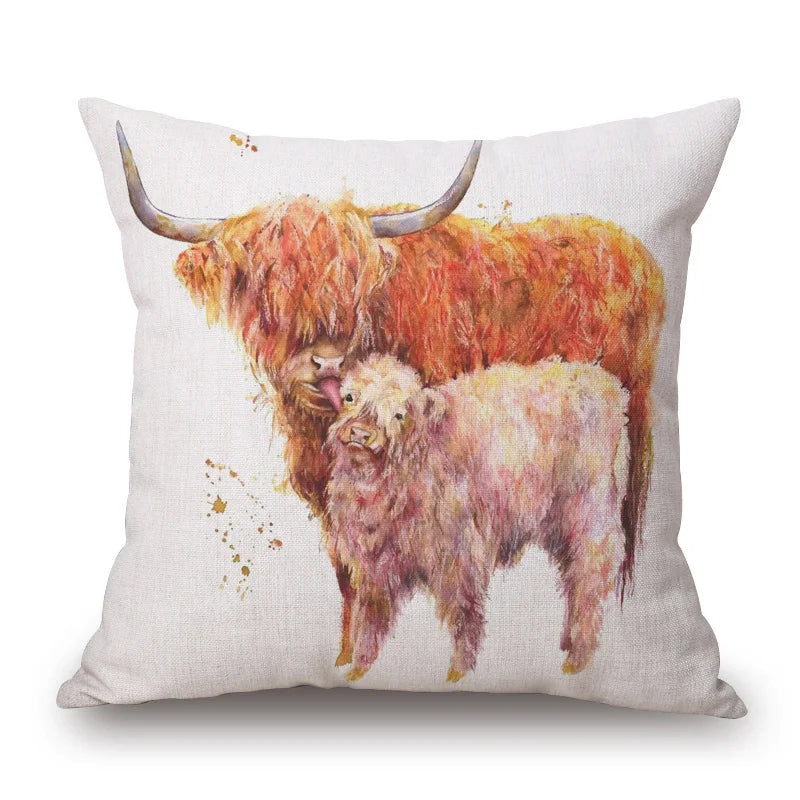 Highland Cow Cushion Covers | Watercolour Art | Mother & Calf, Family, Portrait | Farmhouse Sofa Pillow