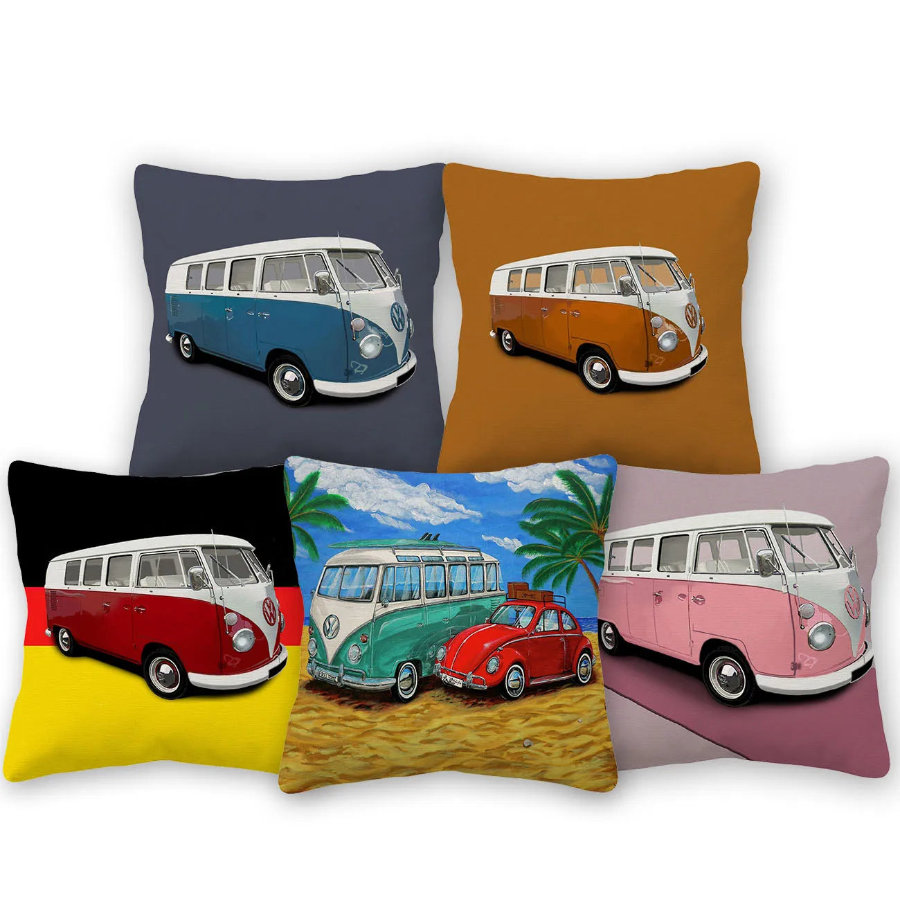 VW Kombi Van Cushion Covers | Retro Vintage Bus Art | Blue Pink Green Yellow Mustard | Sofa Throw Pillow