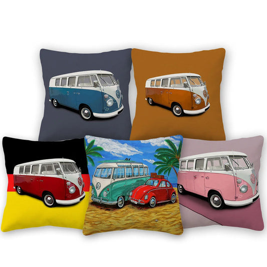 VW Kombi Van Cushion Covers | Retro Vintage Bus Art | Blue Pink Green Yellow Mustard | Sofa Throw Pillow