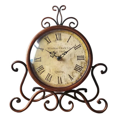 Wrought Iron Desk Clock | Ornate Scrollwork Frame | Silent Quartz | 28cm | Brown or White